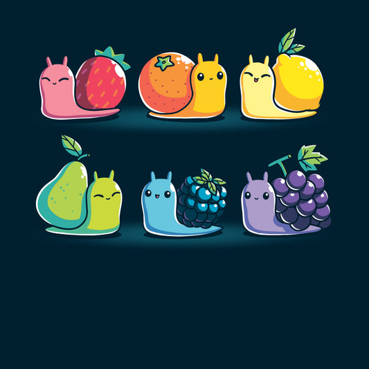 Premium Cotton T-shirt_TeeTurtle Rainbow Fruit Snails navy blue t-shirt featuring six colorful rainbow fruit snails with fruit shells: strawberry, orange, lemon, pear, blackberry, and grape.