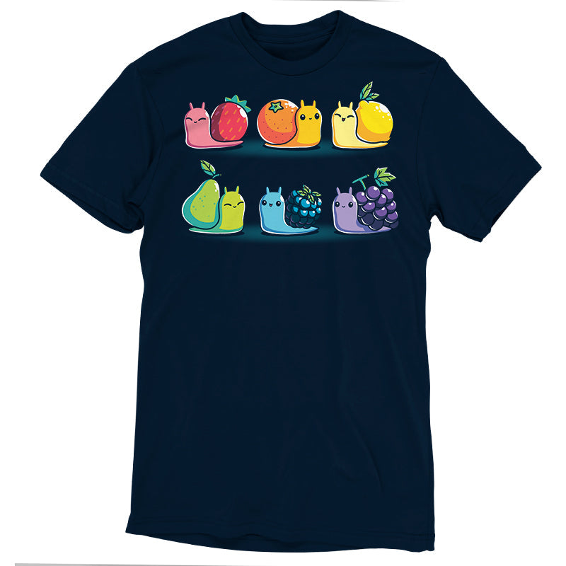 Premium Cotton T-shirt_TeeTurtle Rainbow Fruit Snails navy blue t-shirt featuring six colorful rainbow fruit snails with fruit shells: strawberry, orange, lemon, pear, blackberry, and grape.