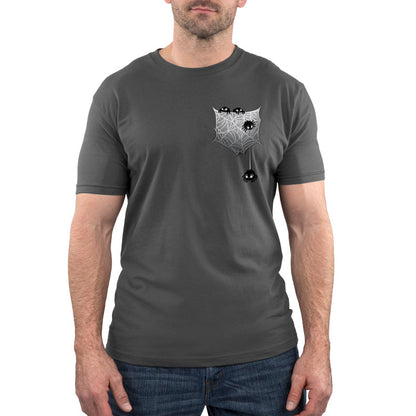 Premium Cotton T-shirt_TeeTurtle Webbed Pocket charcoal gray t-shirt featuring four little spiders crawling on a spider web on the right side chest