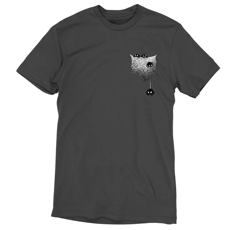 Premium Cotton T-shirt_TeeTurtle Webbed Pocket charcoal gray t-shirt featuring four little spiders crawling on a spider web on the right side chest