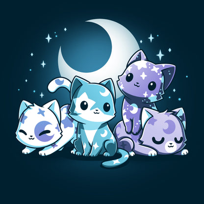 Premium Cotton T-shirt_TeeTurtle navy blue Moon & Star Meows. Featuring blue and purple kittens with moon and star patterns on their fur.