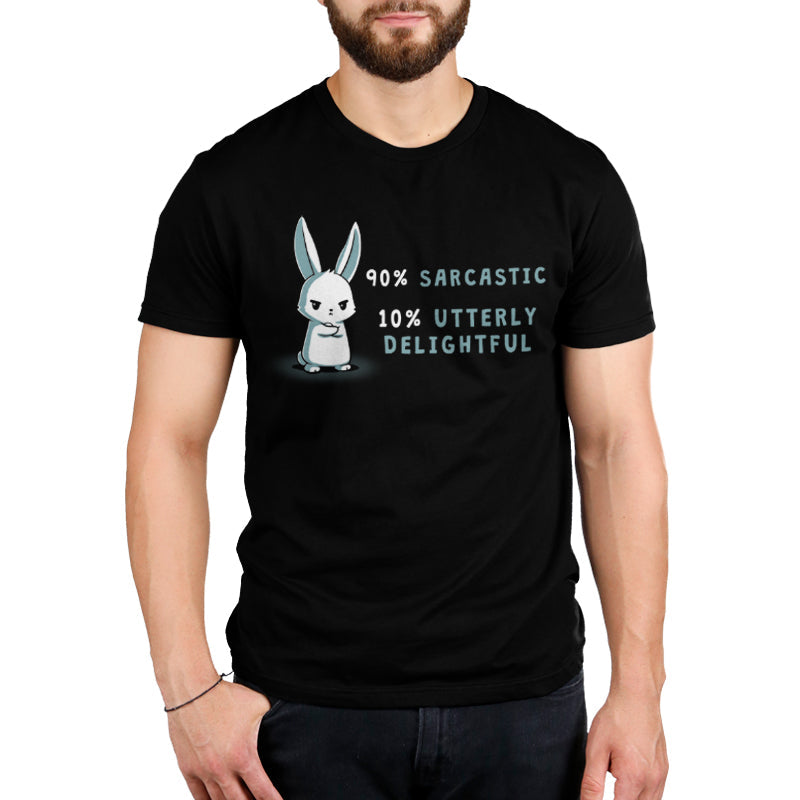 Premium Cotton T-shirt_A cartoon bunny stands with arms crossed on this black apparel. Text reads "90% Sarcastic, 10% Utterly Delightful." Made from super soft cotton, the monsterdigital 90% Sarcastic is the perfect blend of comfort and cheekiness.