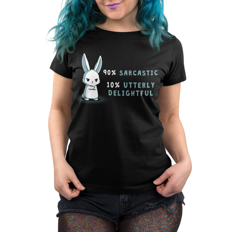 Premium Cotton T-shirt_A cartoon bunny stands with arms crossed on this black apparel. Text reads "90% Sarcastic, 10% Utterly Delightful." Made from super soft cotton, the monsterdigital 90% Sarcastic is the perfect blend of comfort and cheekiness.