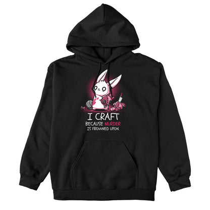 Pullover Hoodie_TeeTurtle black Murder is Frowned Upon. Featuring a bunny holding a beheaded doll head and the doll's body sitting to the side with a knife sticking out of its neck.