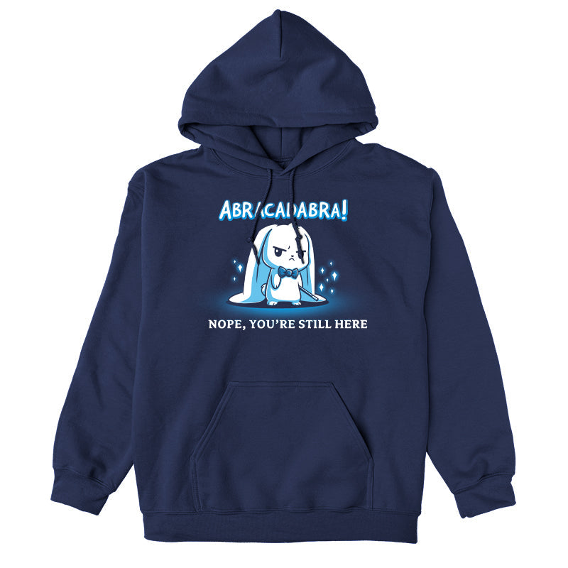 Pullover Hoodie_TeeTurtle Abracadabra navy blue design featuring a serious-looking white rabbit wearing a bow tie and holding a magic wand 