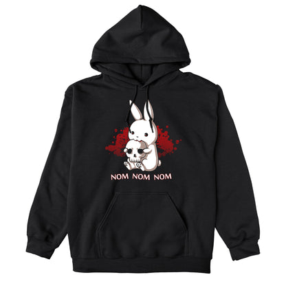 Pullover Hoodie_TeeTurtle Adorable Monstrosity black design featuring an adorable bunny biting into a skull with the words "nom nom nom."