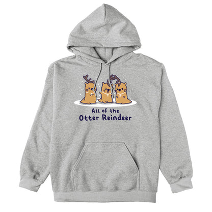 Pullover Hoodie_TeeTurtle All Of The Otter Reindeer heather gray design featuring otters dressed as Christmas reindeer.