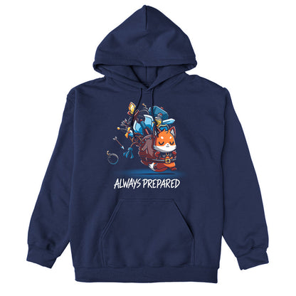 Pullover Hoodie_TeeTurtle Always Prepared navy blue design featuring a fantasy cartoon fox dressed as an adventurer carrying an oversized backpack filled with weapons and tools.