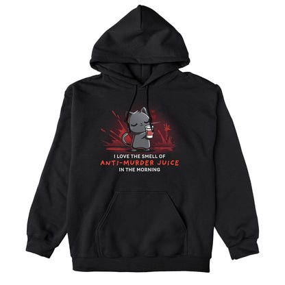 Pullover Hoodie_TeeTurtle Anti-Murder Juice black design featuring a cat holding a coffee lovingly with red splatters behind.