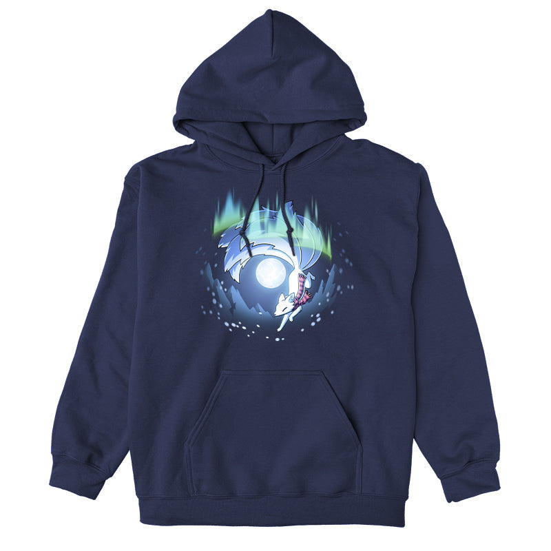 Pullover Hoodie_TeeTurtle navy blue Aurora Kitsune apparel featuring a white kitsune running through the aurora borealis with snowy mountains and a full moon in the background.