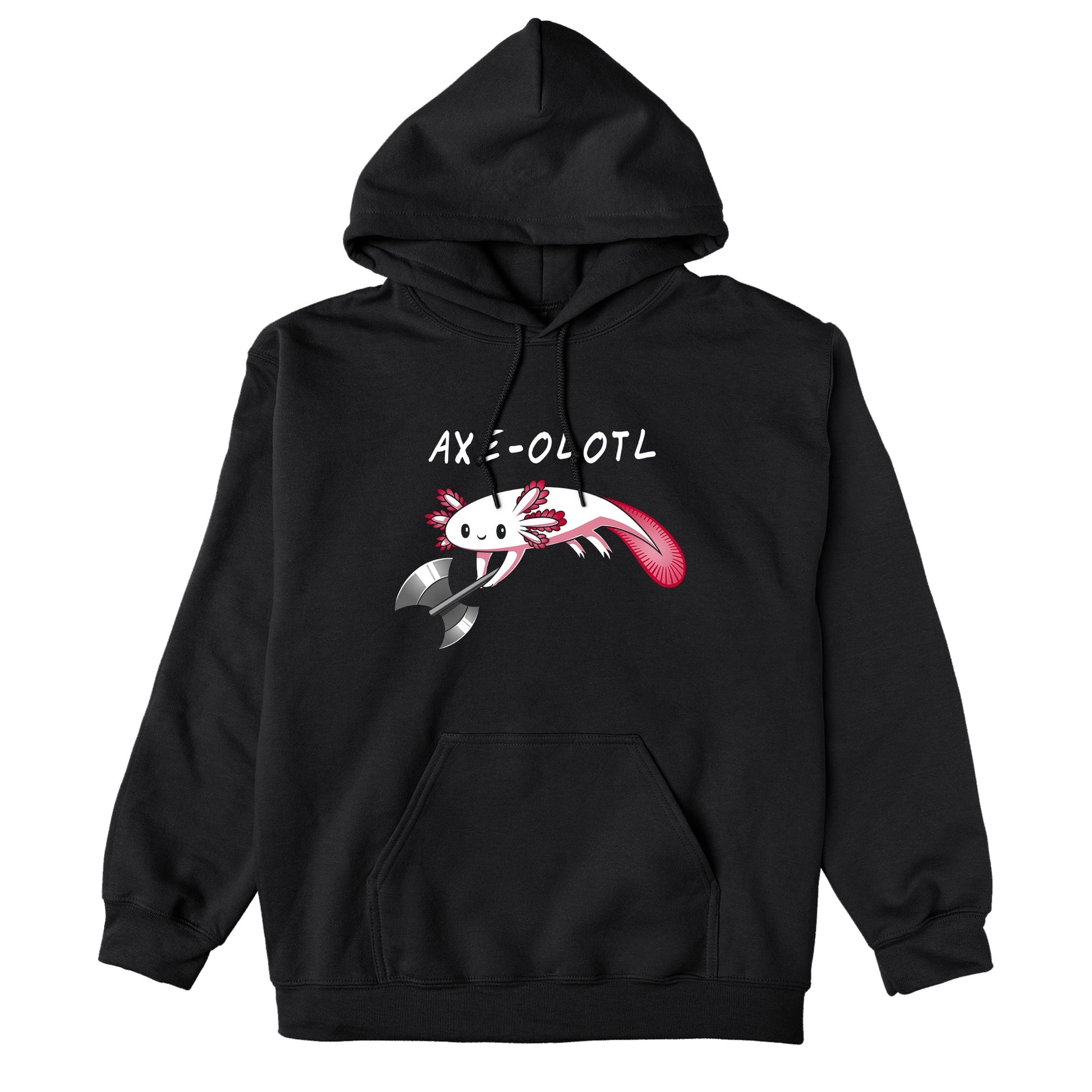 Pullover Hoodie_A drawing of a smiling axolotl holding an axe, with "AXE-OLOTL" written above it. Available on a super soft ringspun cotton Black Unisex apparelfor the ultimate comfort. This Axe-olotl apparel from monsterdigital is perfect for any quirky graphic apparelenthusiast!