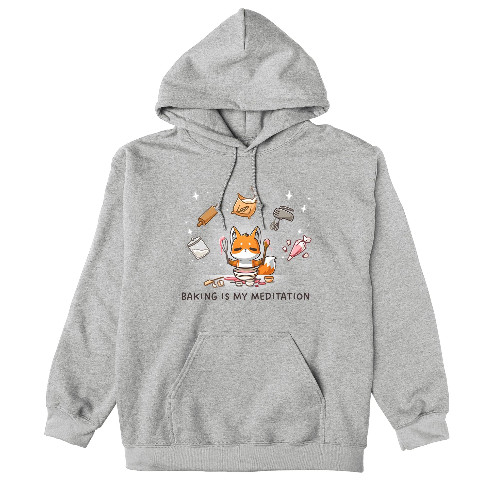 Pullover Hoodie_TeeTurtle heather gray Baking Is My Meditation hoodie featuring a peaceful fox in front of a bowl of batter holding baking tools with other baking tools floating around it in an arc.