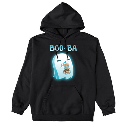 Pullover Hoodie_TeeTurtle Boo-ba black t-shirt featuring a cheerful ghost sipping a boba drink.