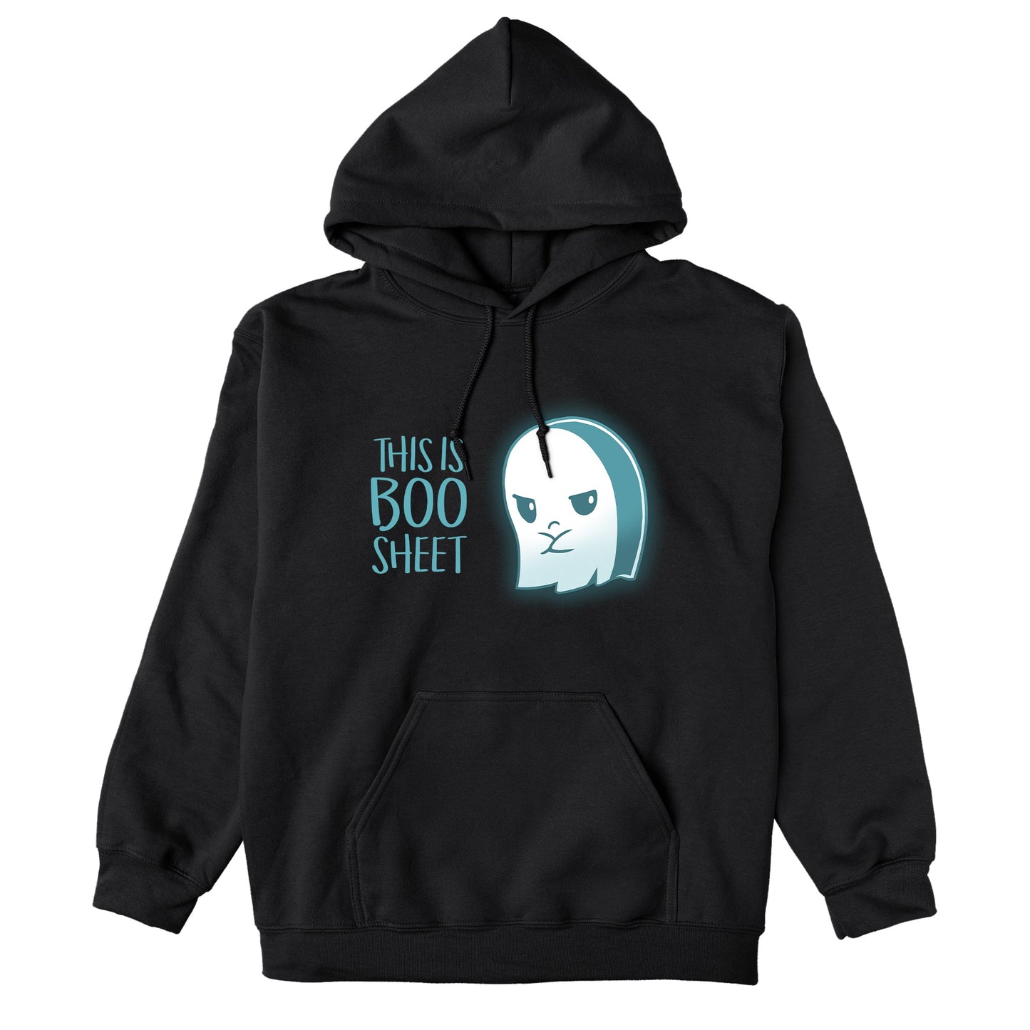 Pullover Hoodie_TeeTurtle black Boo Sheet. Featuring a grumpy ghost saying, "This is Boo Sheet".