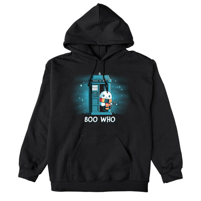 Pullover Hoodie_TeeTurtle black Boo Who. Featuring a ghost wearing a scarf and holding a tool coming out of a phone booth.