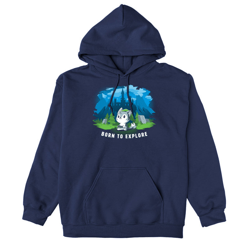 Pullover Hoodie_TeeTurtle navy blue Born to Explore. Featuring a wolf in a video game cosplay outfit playing a video game with a fantasy background.