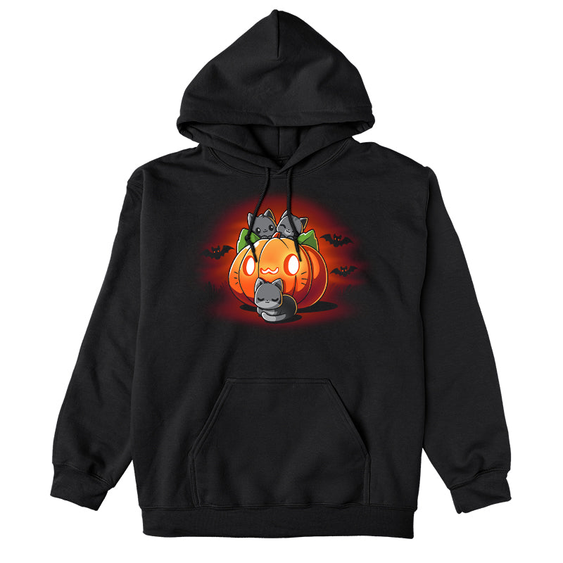 Pullover Hoodie_TeeTurtle black Cat O'Lantern. Featuring a giant pumpkin jack-o-lantern with a cat face surrounded by cats.