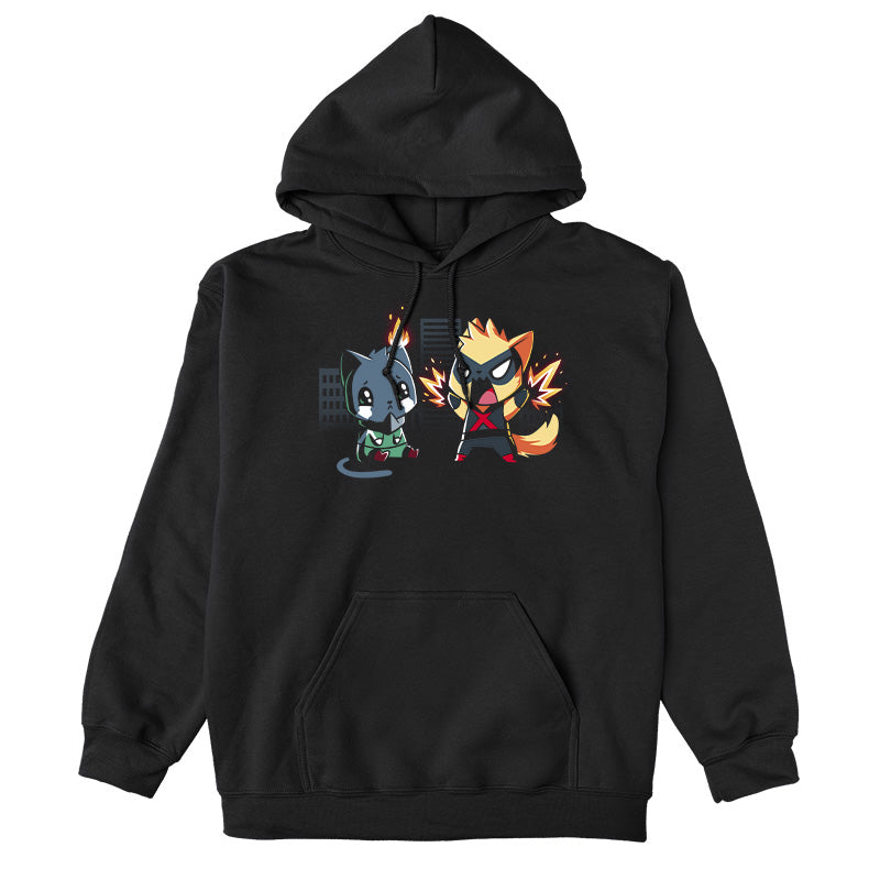 Pullover Hoodie_TeeTurtle black Cat Fight featuring two cats in superhero costumes with one cat crying since its ear on fire, and the other cat powering up with a city in the background.