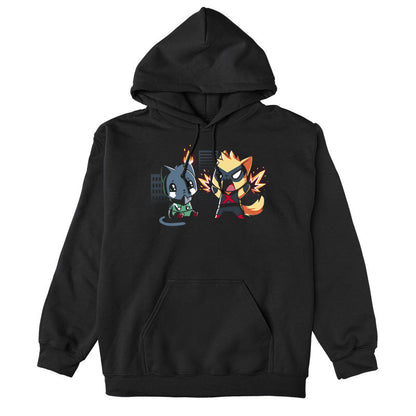 Pullover Hoodie_TeeTurtle black Cat Fight featuring two cats in superhero costumes with one cat crying since its ear on fire, and the other cat powering up with a city in the background.