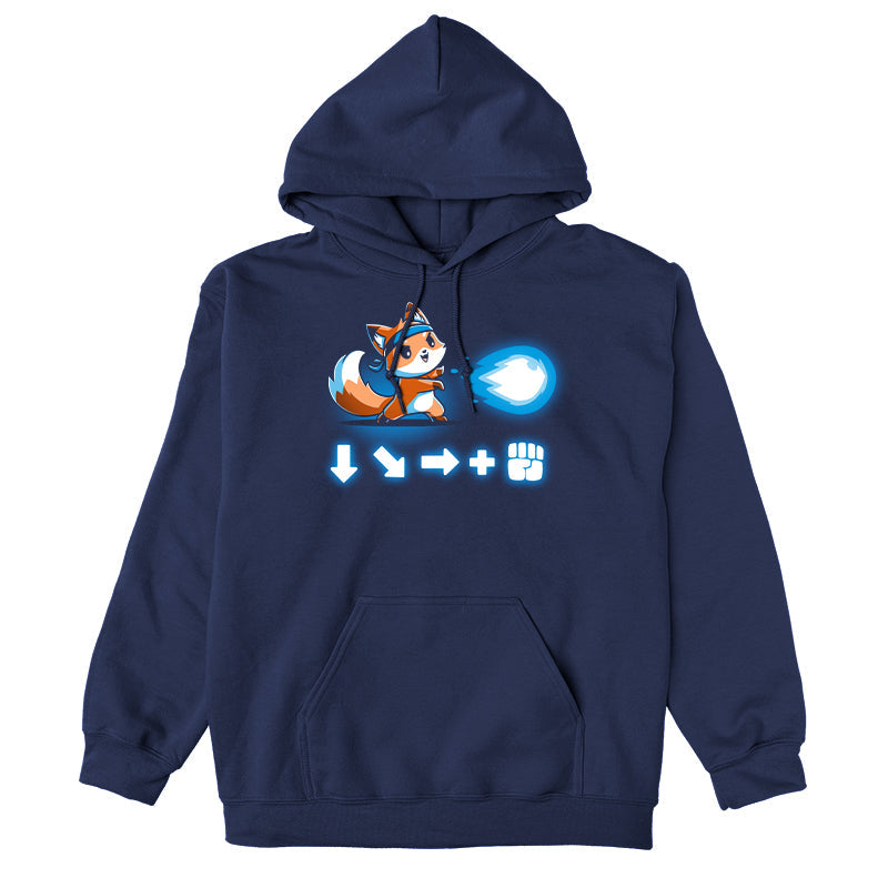 Pullover Hoodie_Teeturtle Combo Attack navy blue design featuring a cute little fox wearing a headband firing off a Hadouken fireball with the game input command beneath.