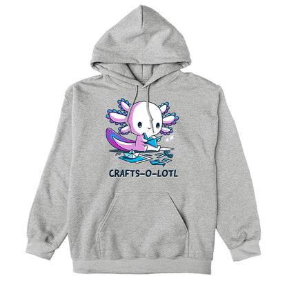 Pullover Hoodie_TeeTurtle Crafts-O-Lotl Silver Gray design featuring a cute axolotl making origami crafts, surrounded by paper and completed pieces. Text below reads "CRAFTS-O-LOTL"