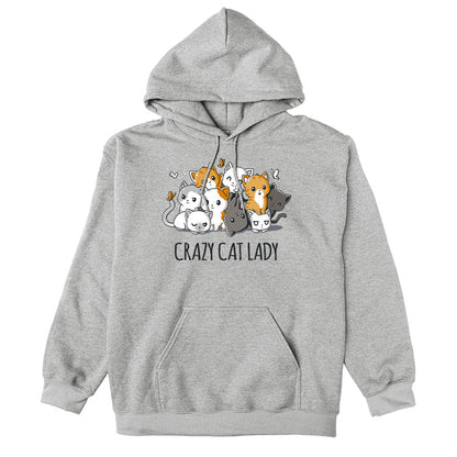 Pullover Hoodie_TeeTurtle heather gray Crazy Cat Lady. Featuring a pile of cats in different colors cuddling together.