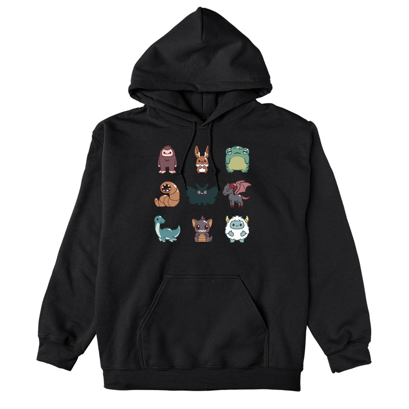 Pullover Hoodie_TeeTurtle Cute Cryptids black design featuring a grid of cute cryptids, featuring a bigfoot, bunny, frog, worm, moth, winged goat, aquatic dinosaur, bat, and yeti.