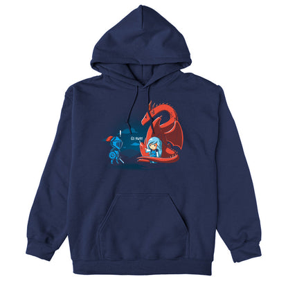 Pullover Hoodie_TeeTurtle navy blue Damsel In Control. Featuring a damsel with a dragon telling a knight trying to rescue the damsel to go away.