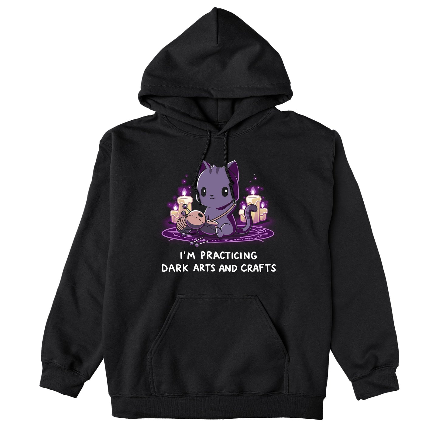 Pullover Hoodie_TeeTurtle Dark Arts and Crafts black t-shirt featuring a cat crafting a voodoo doll