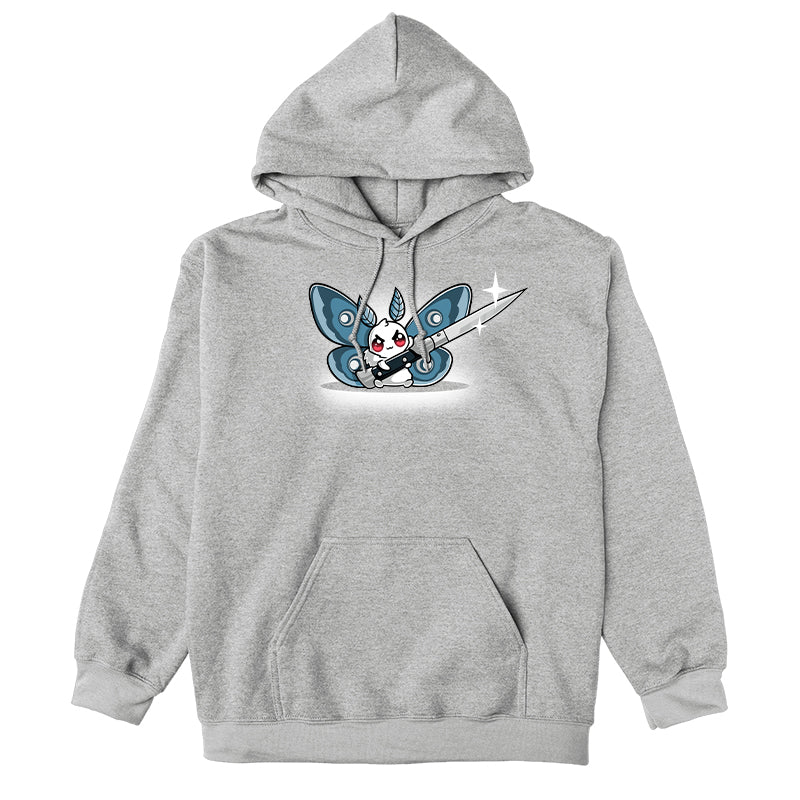 Pullover Hoodie_TeeTurtle Deadly Moth silver gray t-shirt featuring a moth character with red eyes and blue wings holds a large shiny knife with a smile that hints at dark humor.