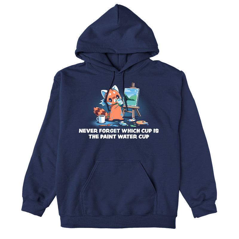 Pullover Hoodie_TeeTurtle Don’t Drink the Paint Water navy blue design featuring a red panda that’s painting a picture and taking a sip of paint water and looking at the mug of coffee on the floor.