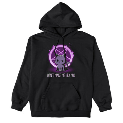 Pullover Hoodie_TeeTurtle Don't Make Me Hex You black design featuring a cat in front of a purple flaming pentagram.