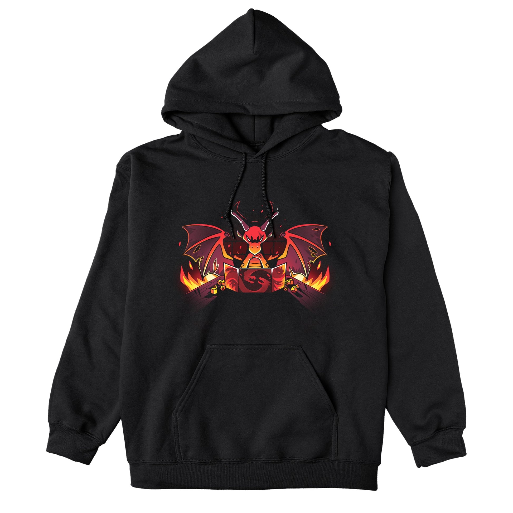 Pullover Hoodie_TeeTurtle black Dragon Master. Featuring a sinister-looking dragon dungeon master with flames in the background.