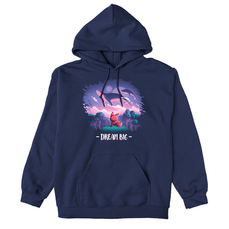 Pullover Hoodie_TeeTurtle Dream Big navy blue t-shirt featuring an orange fox who gazes at magical whales flying in the night sky above a fantasy forest with the text "Dream Big" below.