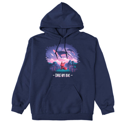 Pullover Hoodie_TeeTurtle Dream Big navy blue t-shirt featuring an orange fox who gazes at magical whales flying in the night sky above a fantasy forest with the text "Dream Big" below.