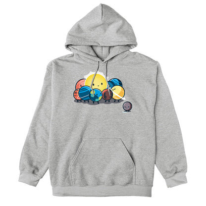 Pullover Hoodie_TeeTurtle Dwarf Planet heather gray design featuring the planets of our solar system in space  huddled around the sun while Pluto is far away crying. 