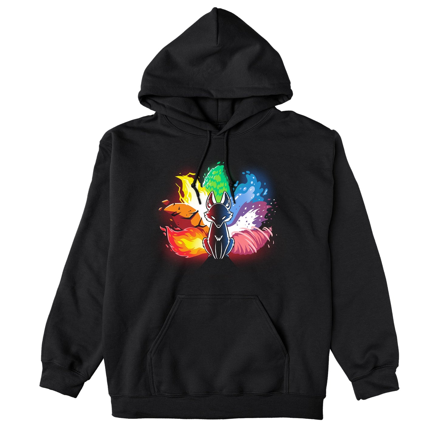 Pullover Hoodie_Stylized image of an Elemental Kitsune with elements of fire, water, earth, and air surrounding it. The fox is in a sitting position with a black body and glowing eyes. This graces our monsterdigital Elemental Kitsune, offering both comfort and style.