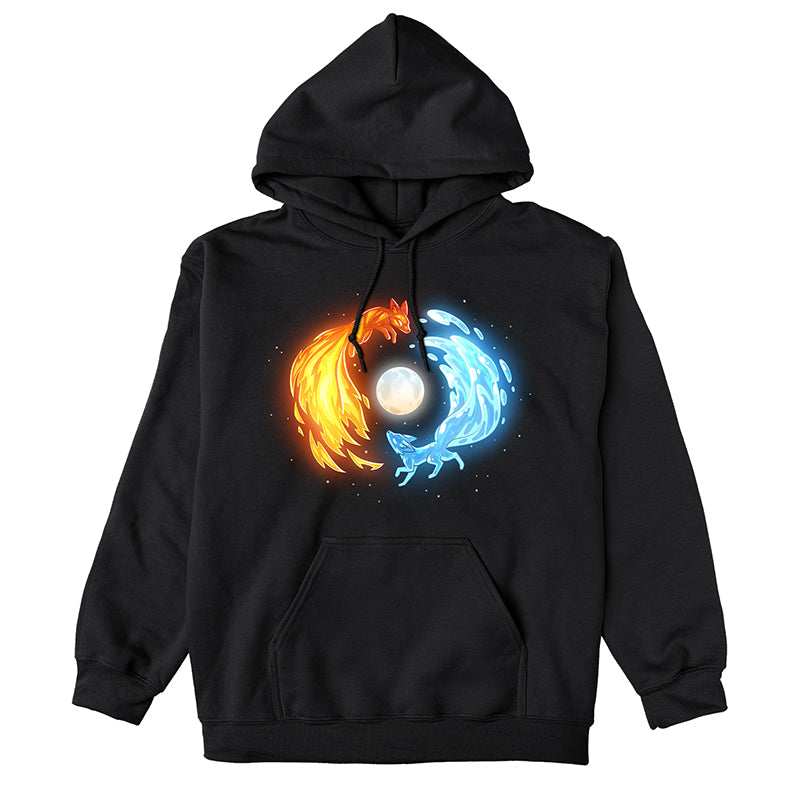 Pullover Hoodie_TeeTurtle black Fire and Water Kitsune Pullover Hoodie featuring fire and water kitsunes running in a circle around a full moon.