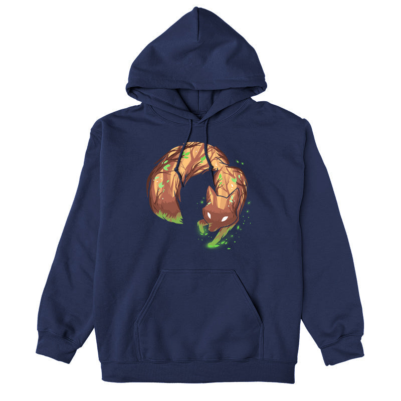 Pullover Hoodie_Illustrated fox with tree bark texture and green leaves on its body, bending in a circular shape against a dark background with glowing green particles on a super soft ringspun cotton Forest Fox apparel by monsterdigital.