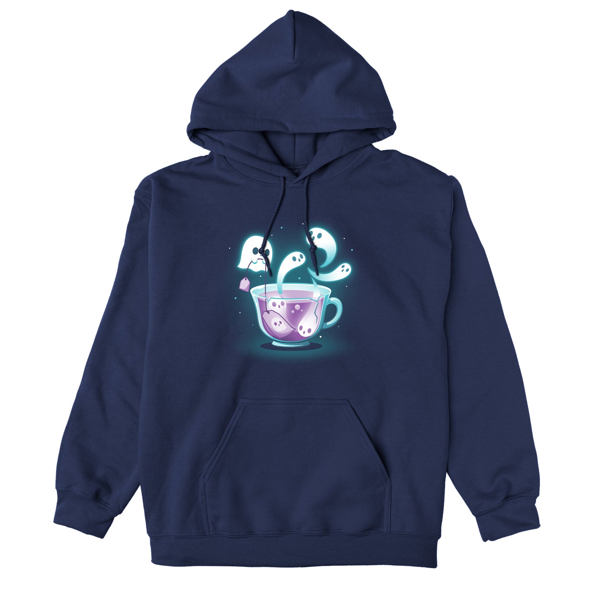 Pullover Hoodie_TeeTurtle Fresh-Booed Tea navy blue design featuring a glowing teacup with ghost-like figures emerging from it and a ghost holding a tea bag.