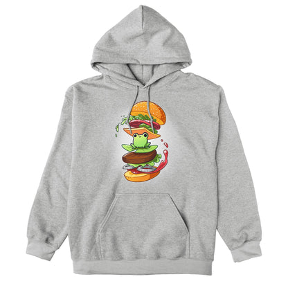 Pullover Hoodie_TeeTurtle heather gray Frog Burger featuring a frog in the middle of a burger’s floating ingredients.