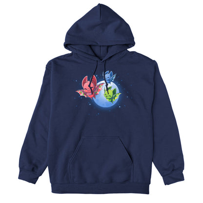 Pullover Hoodie_TeeTurtle Fruit Bats navy blue design featuring three colorful fruit bats (red, green, blue) with decorative wings flying against a night sky with a full moon and stars.