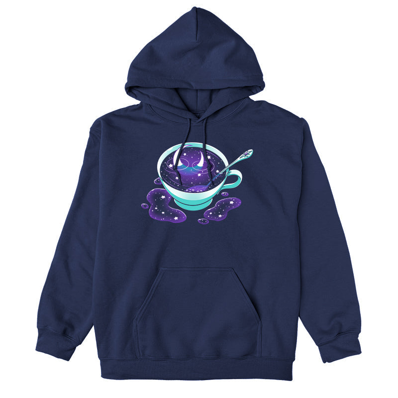 Pullover Hoodie_TeeTurtle Galactic Tea navy blue t-shirt featuring a turquoise cup filled with swirling Galactic Tea.