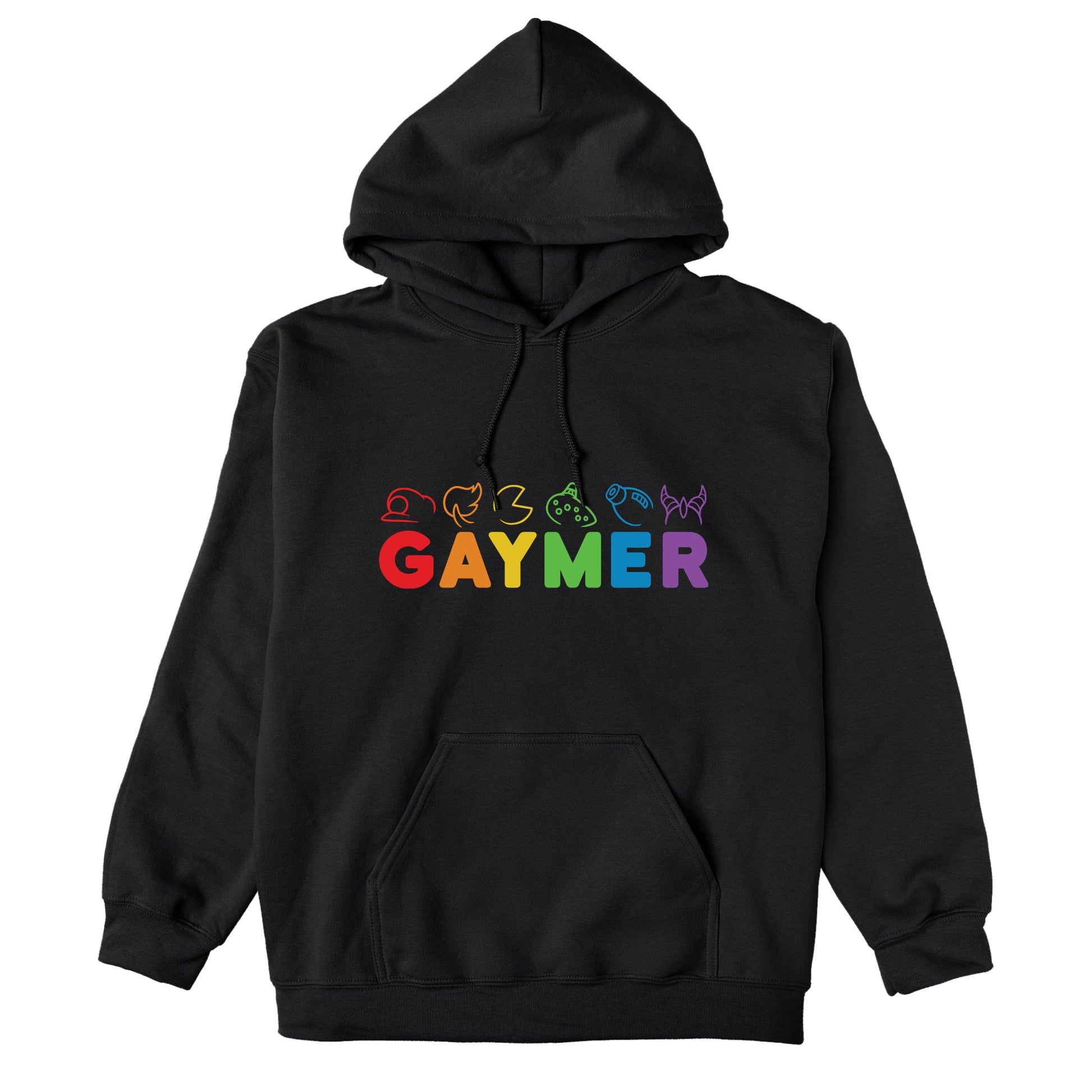 Pullover Hoodie_TeeTurtle black Gaymer. Featuring rainbow text spelling out, "Gaymer" with video game elements on top.