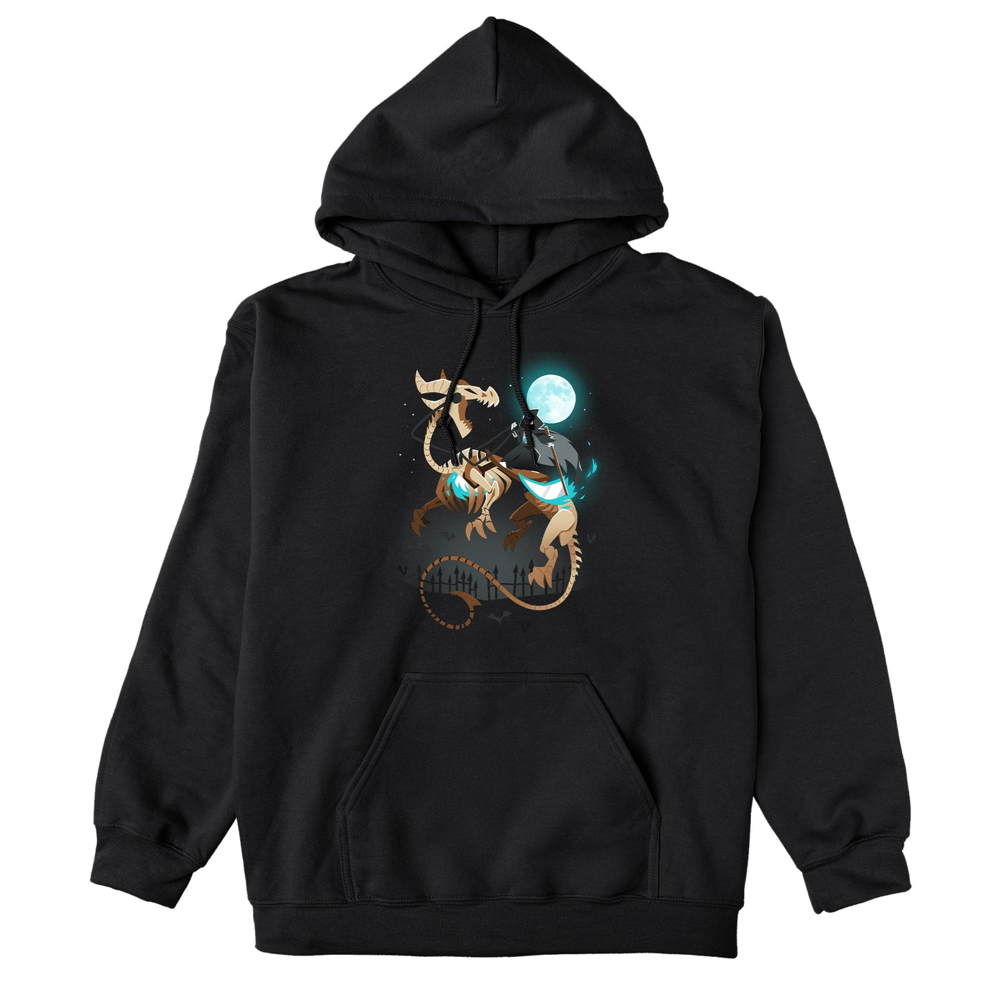 Pullover Hoodie_TeeTurtle Grim Night black t-shirt featuring a grim reaper riding on a skeletal dragon under a spooky full moon.