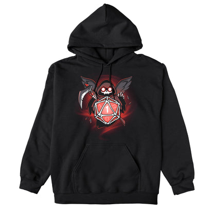 Pullover Hoodie_TeeTurtle Grim Reaper's Roll black design featuring a hooded figure with wings and a scythe, holding a red 20-sided dice showing the number 1, surrounded by a dark, swirling background.