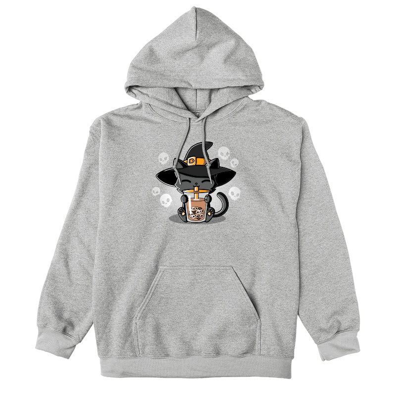 Pullover Hoodie_TeeTurtle sport gray Halloween Boba Cat. Featuring a cat with a witch hat sipping on drinking skull-shaped bubble tea.