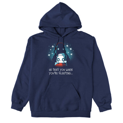 Pullover Hoodie_TeeTurtle He Sees You When You're Sleeping navy blue design featuring a dark figure wearing a Santa hat with glowing eyes standing behind a worried-looking panda in bed also wearing a Santa hat. The shirt reads "He Sees You When You're Sleeping...".