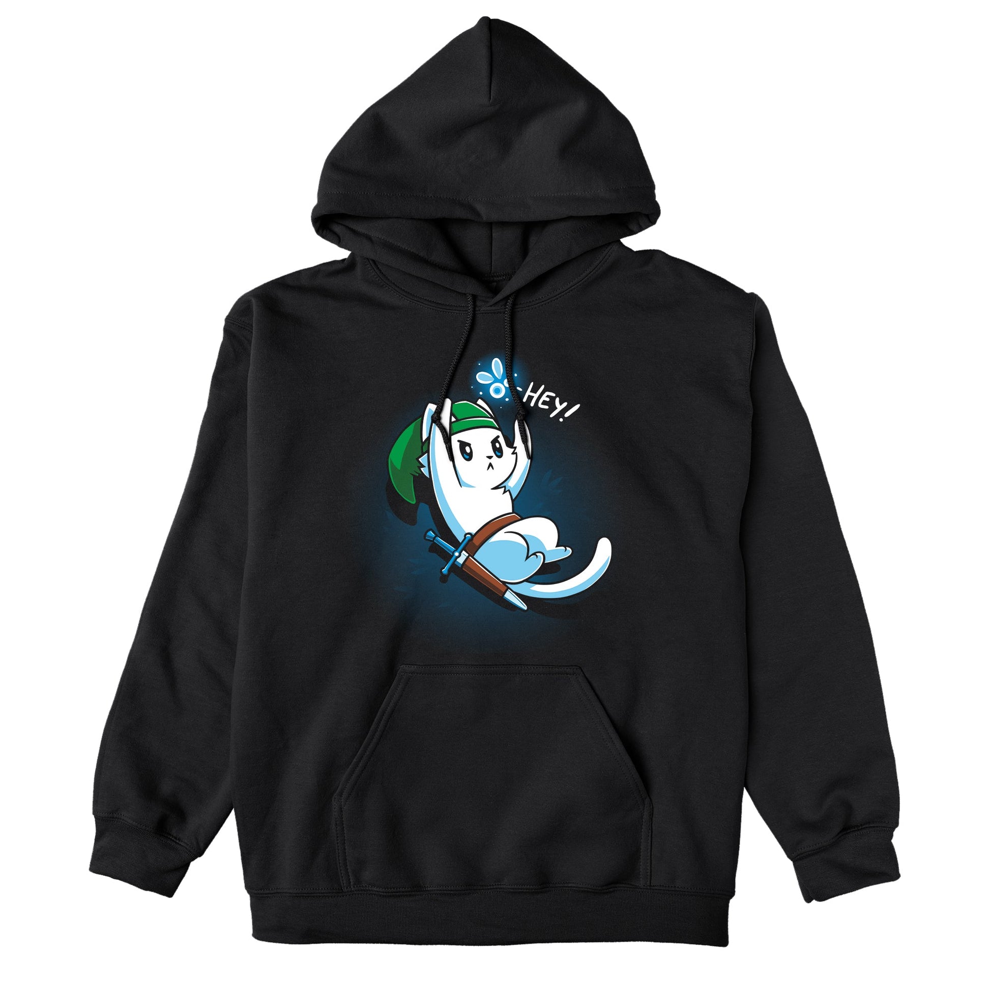 Pullover Hoodie_A cartoon white cat dressed as a warrior with a green hat, holding a sword, looks up on this black monsterdigital apparel. An animated creature above its head says "Hey!" in this super soft ringspun cotton tee.