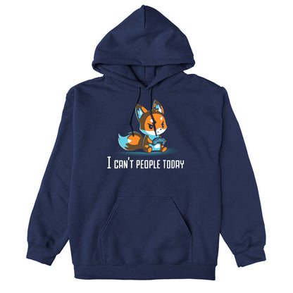 Pullover Hoodie_TeeTurtle I Can't People Today navy blue design featuring an annoyed fox holding a video game controller with the text "I can't people today" below.